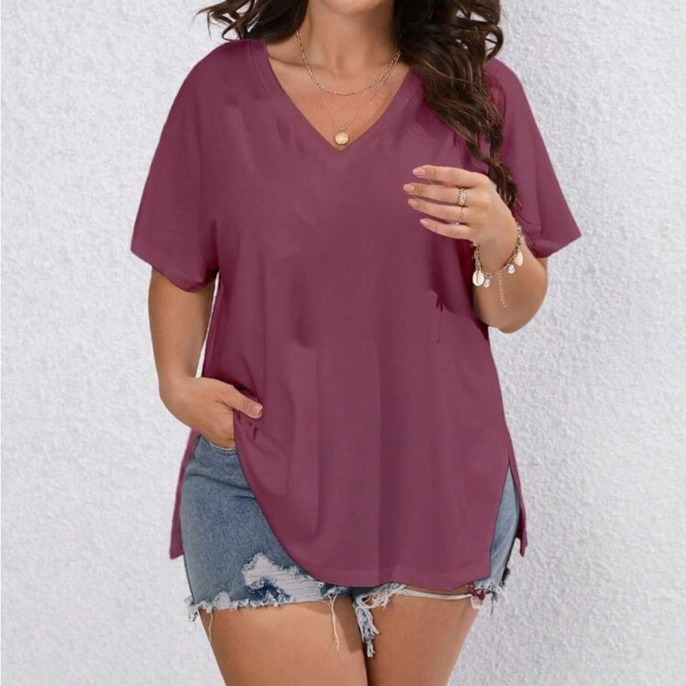 SHEIN V-Neck Short Sleeve Top in Burgundy